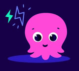 Cute pink octopus character with large eyes and a smile, with blue lightning bolts and sparkles above on dark background