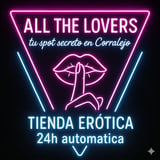 Neon sign for All The Lovers adult shop in Corralejo with pink and blue glowing text and lips design