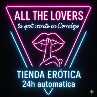 Neon sign for All The Lovers adult shop in Corralejo with pink and blue glowing text and lips design