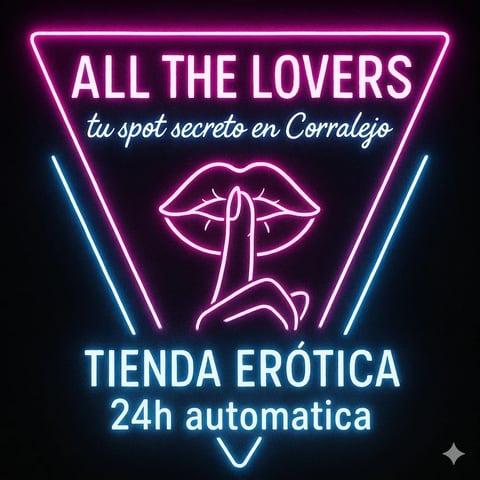 Neon sign for All The Lovers adult shop in Corralejo with pink and blue glowing text and lips design