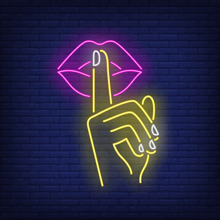 Neon sign with pink lips and shush gesture