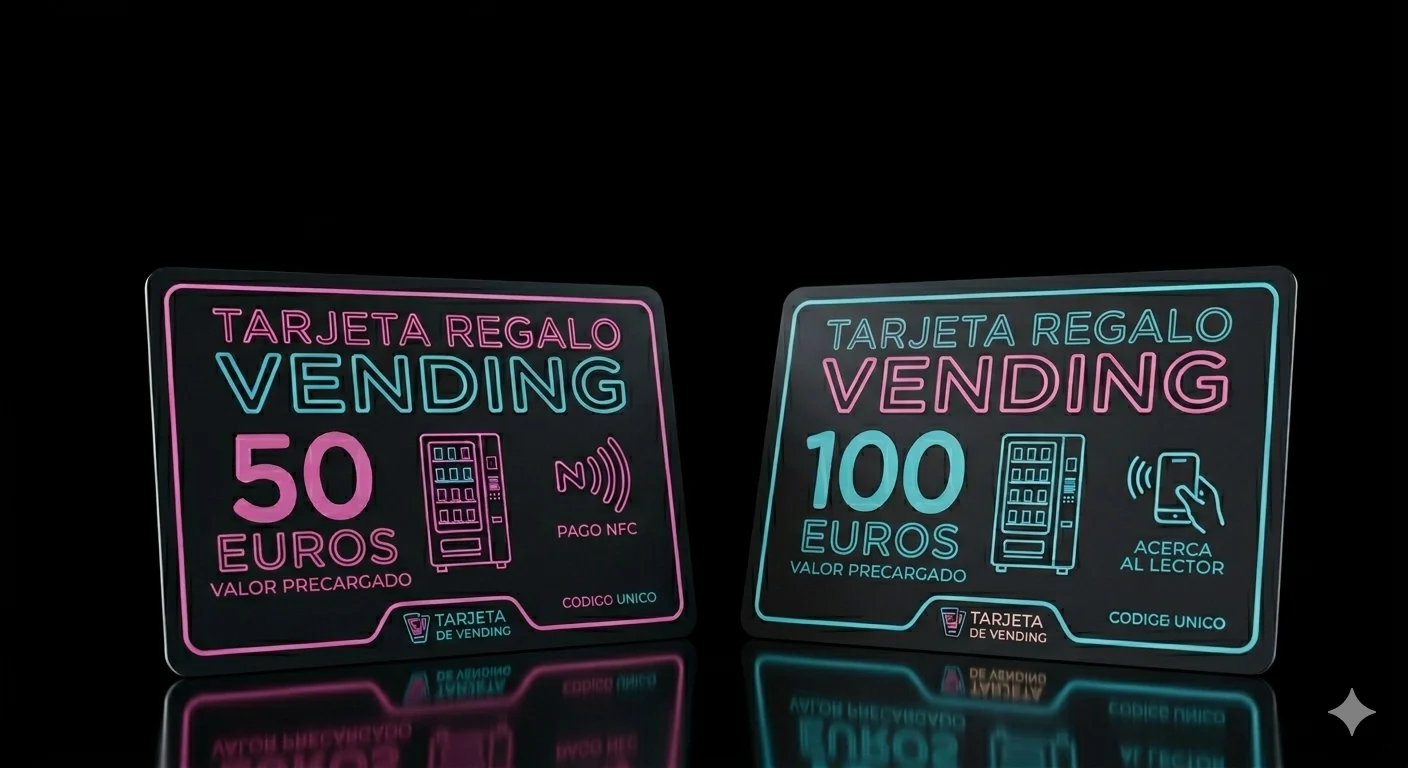 Two neon gift cards on black background. Left card in pink neon shows 50 euros, right card in cyan neon shows 100 euros, both branded as Tarjeta Regalo